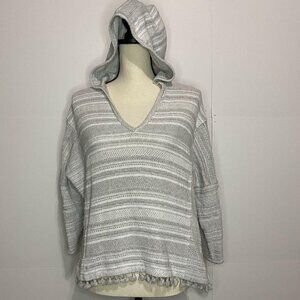 Madewell Hooded Sweater Gray Striped XS Pom Pom Pullover